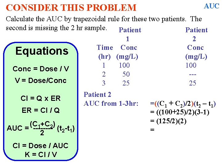 CONSIDER THIS PROBLEM AUC Calculate the AUC by trapezoidal rule for these two patients.