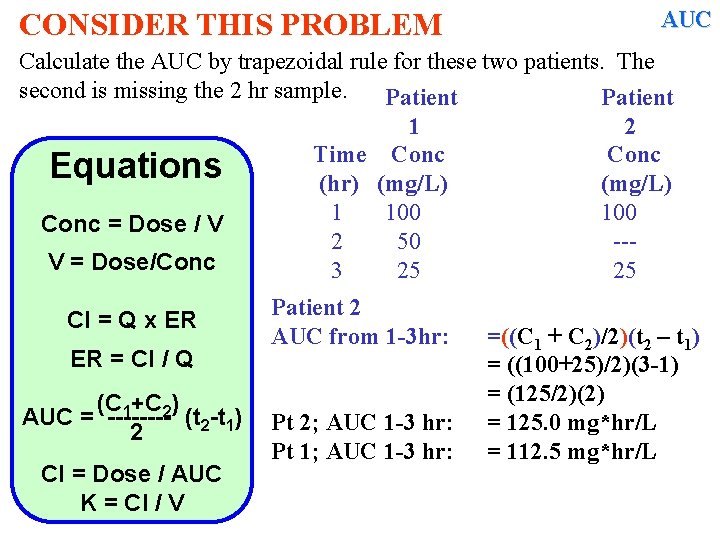 CONSIDER THIS PROBLEM AUC Calculate the AUC by trapezoidal rule for these two patients.