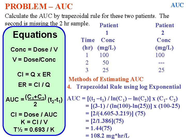 PROBLEM – AUC Calculate the AUC by trapezoidal rule for these two patients. The