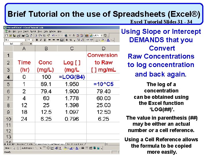Brief Tutorial on the use of Spreadsheets (Excel®) Excel Tutorial Slides 31 - 34
