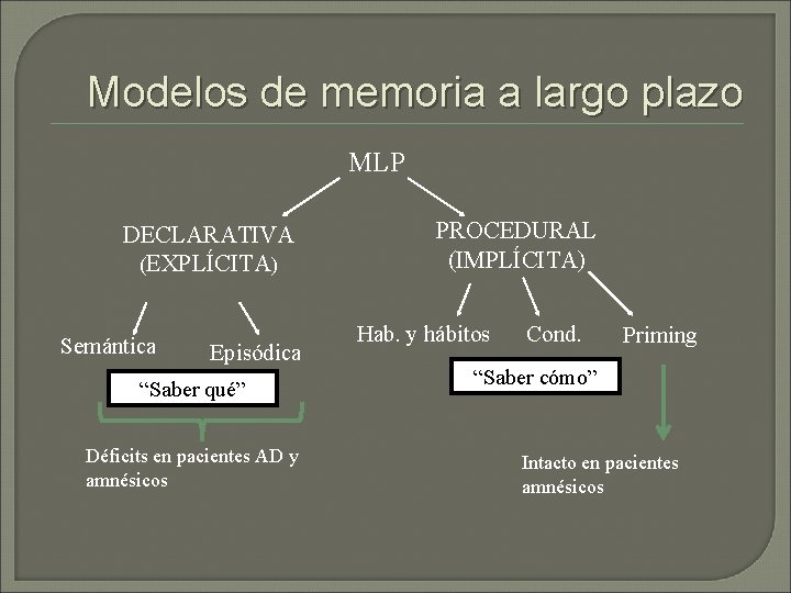Modelos de memoria a largo plazo MLP DECLARATIVA (EXPLÍCITA) Semántica Episódica “Saber qué” Déficits Modelos de memoria a largo plazo MLP DECLARATIVA (EXPLÍCITA) Semántica Episódica “Saber qué” Déficits