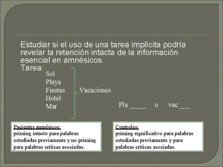 Estudiar si el uso de una tarea implícita podría revelar la retención intacta Estudiar si el uso de una tarea implícita podría revelar la retención intacta