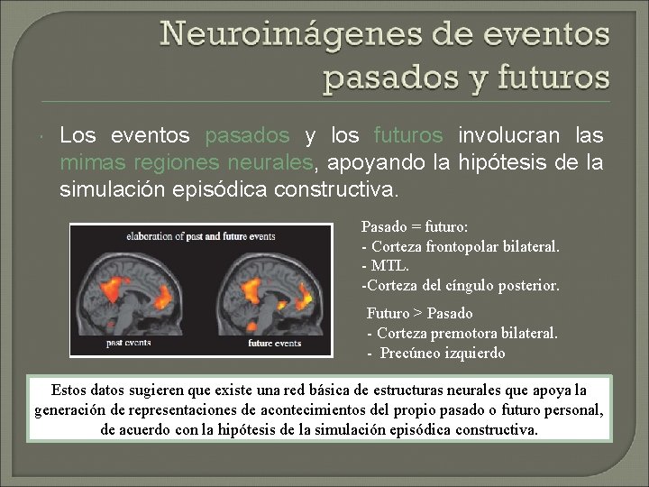Los eventos pasados y los futuros involucran las mimas regiones neurales, apoyando la Los eventos pasados y los futuros involucran las mimas regiones neurales, apoyando la