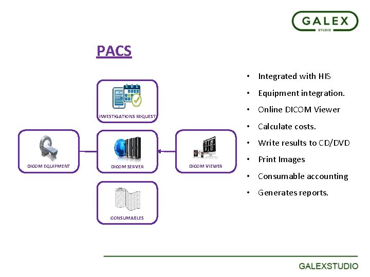 PACS • Integrated with HIS • Equipment integration. • Online DICOM Viewer INVESTIGATIONS REQUEST