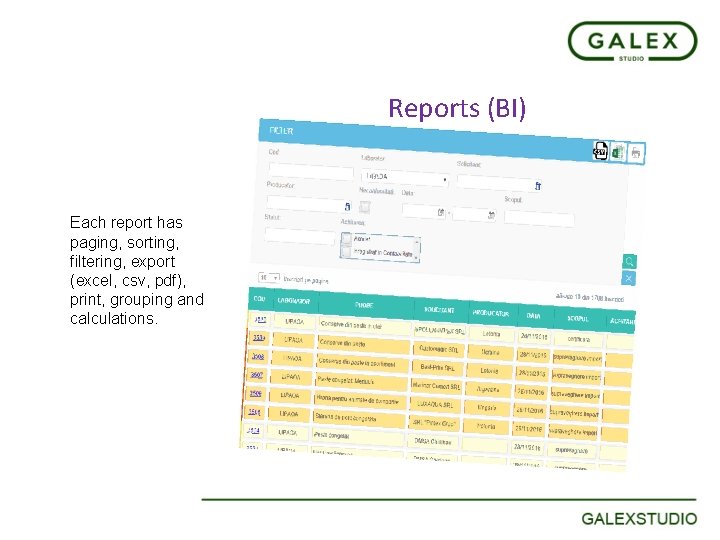 Reports (BI) Each report has paging, sorting, filtering, export (excel, csv, pdf), print, grouping