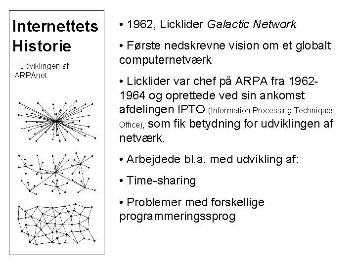 Internettets Historie - Udviklingen af ARPAnet • 1962, Licklider Galactic Network • Første nedskrevne