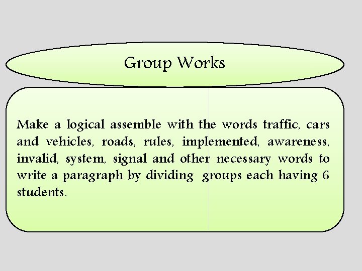Group Works Make a logical assemble with the words traffic, cars and vehicles, roads,