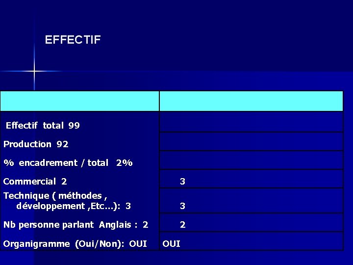 EFFECTIF Effectif total 99 Production 92 % encadrement / total 2% Commercial 2 3