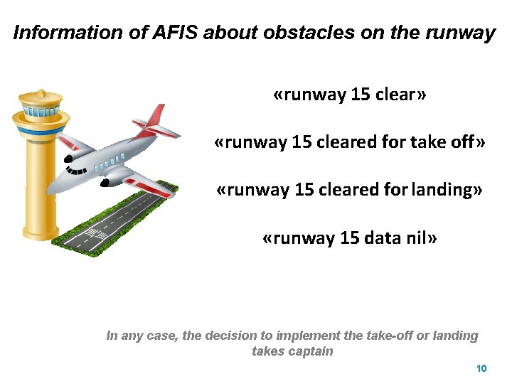 Information of AFIS about obstacles on the runway «runway 15 clear» «runway 15 cleared