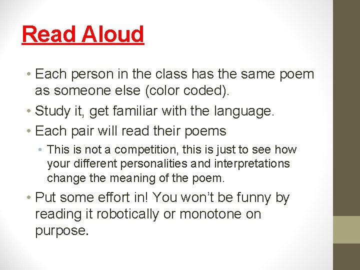 Read Aloud • Each person in the class has the same poem as someone