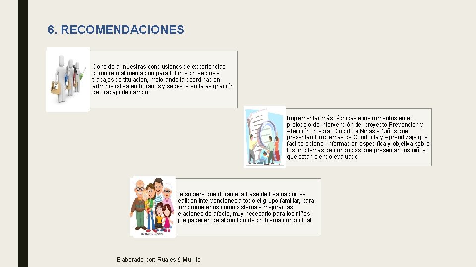 6. RECOMENDACIONES Considerar nuestras conclusiones de experiencias como retroalimentación para futuros proyectos y trabajos