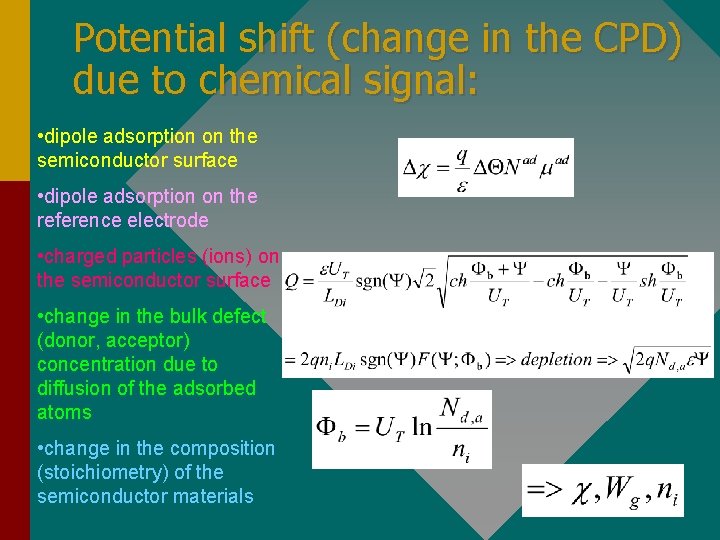 Potential shift (change in the CPD) due to chemical signal: • dipole adsorption on