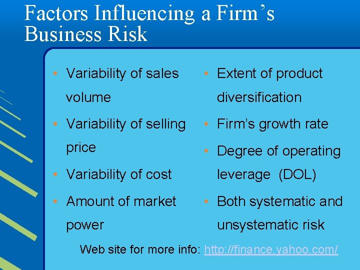 Factors Influencing a Firm’s Business Risk • Variability of sales volume • Variability of
