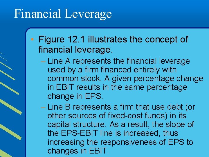 Financial Leverage • Figure 12. 1 illustrates the concept of financial leverage. – Line