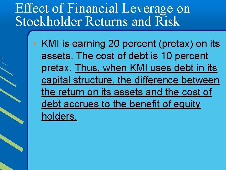 Effect of Financial Leverage on Stockholder Returns and Risk • KMI is earning 20