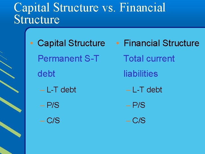 Capital Structure vs. Financial Structure • Capital Structure • Financial Structure Permanent S-T Total