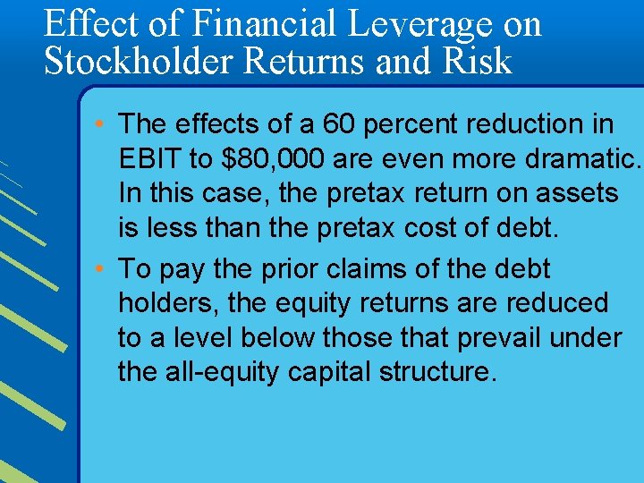 Effect of Financial Leverage on Stockholder Returns and Risk • The effects of a