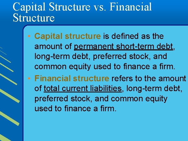 Capital Structure vs. Financial Structure • Capital structure is defined as the amount of