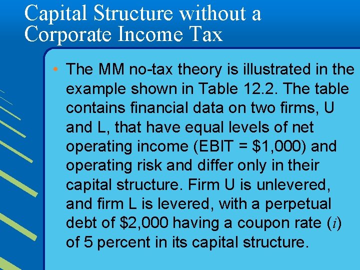 Capital Structure without a Corporate Income Tax • The MM no-tax theory is illustrated