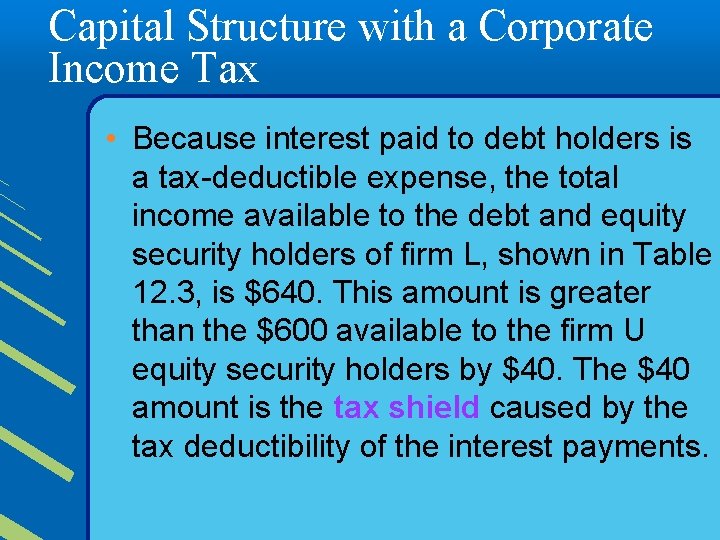 Capital Structure with a Corporate Income Tax • Because interest paid to debt holders