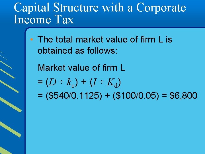 Capital Structure with a Corporate Income Tax • The total market value of firm
