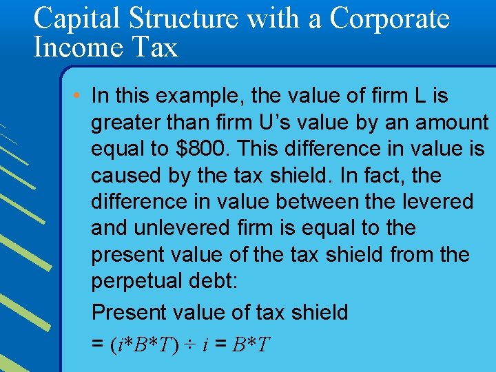 Capital Structure with a Corporate Income Tax • In this example, the value of