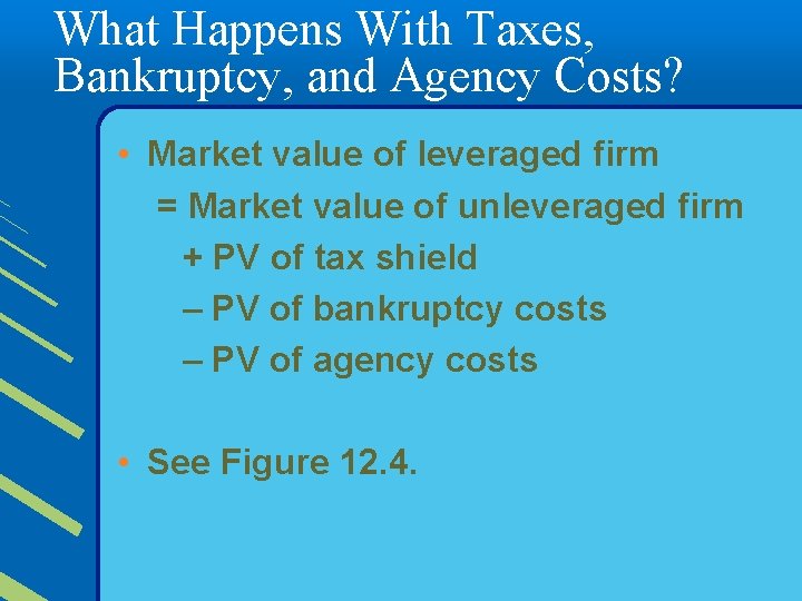 What Happens With Taxes, Bankruptcy, and Agency Costs? • Market value of leveraged firm