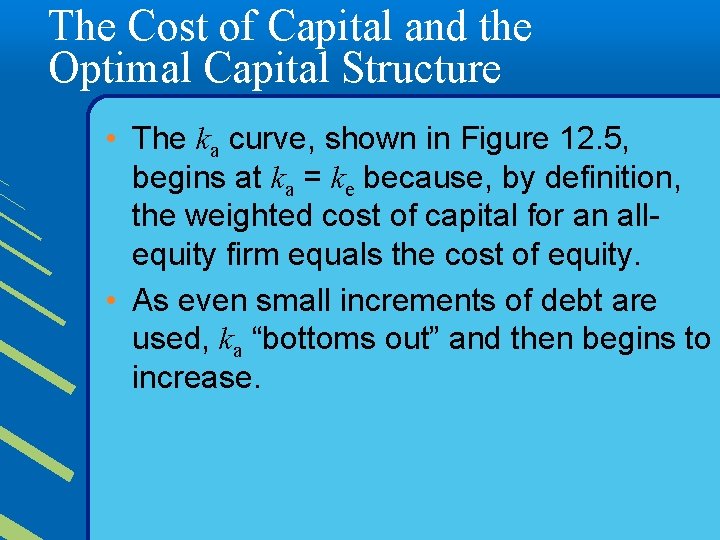 The Cost of Capital and the Optimal Capital Structure • The ka curve, shown