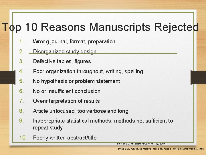 Top 10 Reasons Manuscripts Rejected 1. Wrong journal, format, preparation 2. Disorganized study design