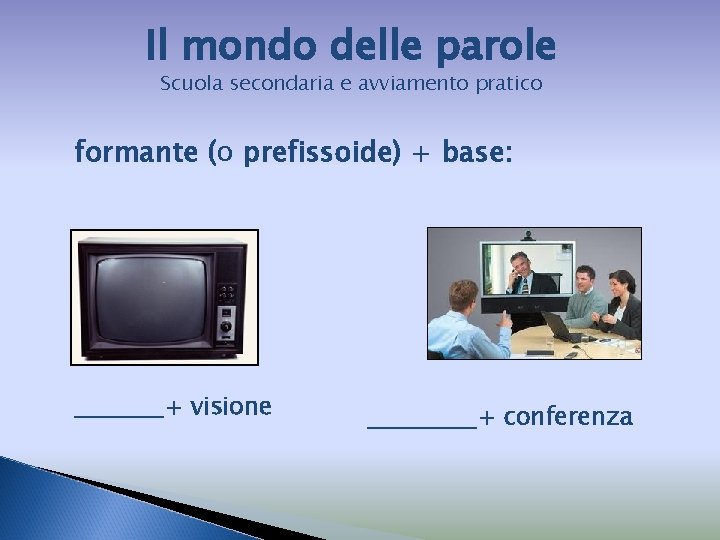 Il mondo delle parole Scuola secondaria e avviamento pratico formante (o prefissoide) + base: