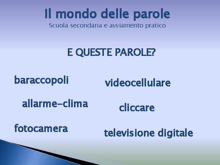 Il mondo delle parole Scuola secondaria e avviamento pratico E QUESTE PAROLE? baraccopoli allarme-clima