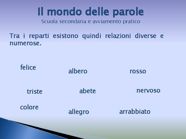 Il mondo delle parole Scuola secondaria e avviamento pratico Tra i reparti esistono quindi