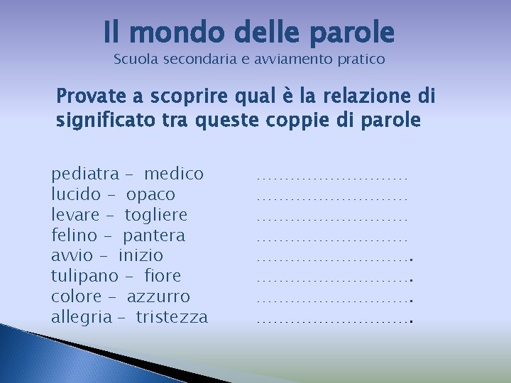 Il mondo delle parole Scuola secondaria e avviamento pratico Provate a scoprire qual è