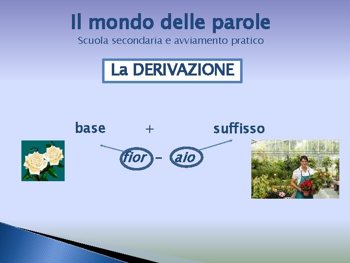 Il mondo delle parole Scuola secondaria e avviamento pratico La DERIVAZIONE base + fior