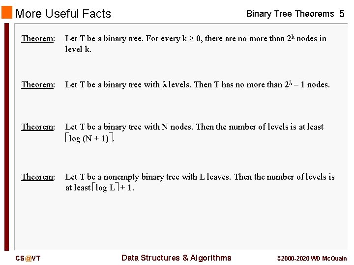 More Useful Facts Binary Tree Theorems 5 Theorem: Let T be a binary tree.