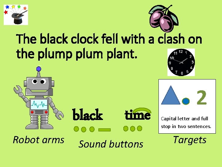 The black clock fell with a clash on the plump plum plant. Robot arms
