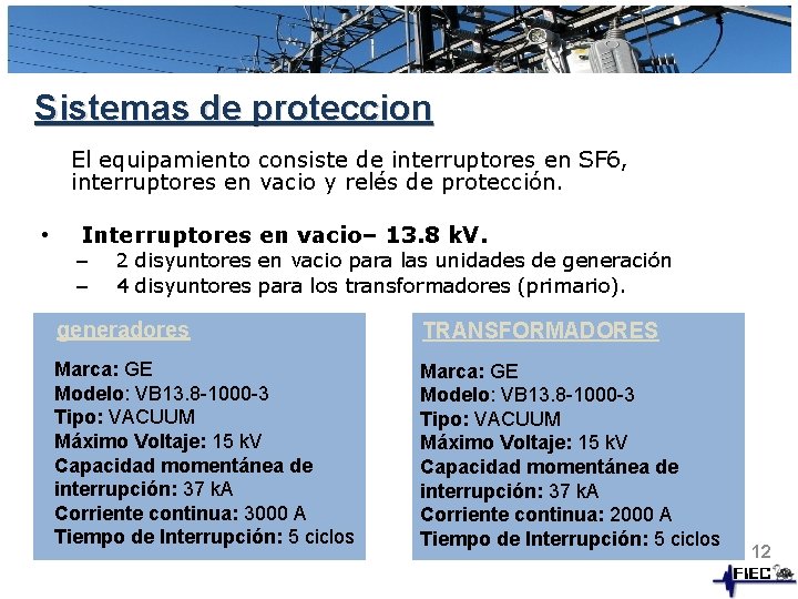 Sistemas de proteccion El equipamiento consiste de interruptores en SF 6, interruptores en vacio