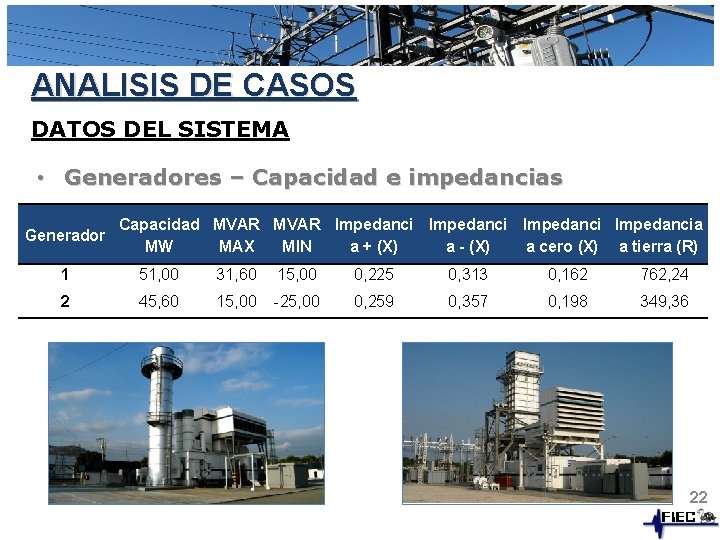 ANALISIS DE CASOS DATOS DEL SISTEMA • Generadores – Capacidad e impedancias Generador Capacidad