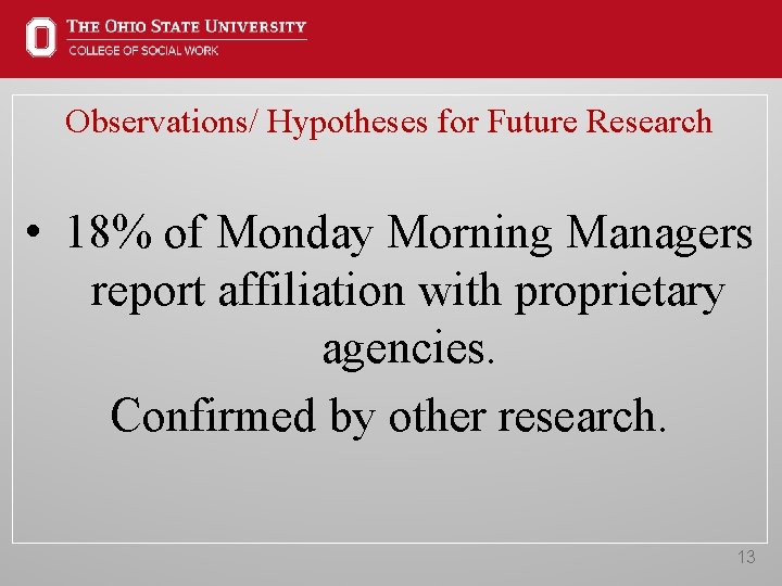 Observations/ Hypotheses for Future Research • 18% of Monday Morning Managers report affiliation with
