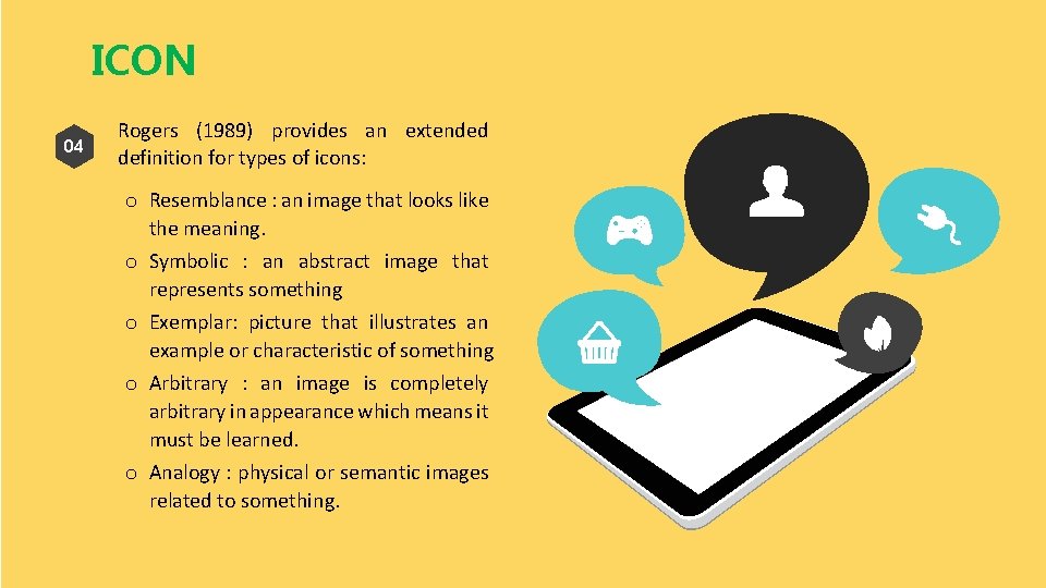 ICON 04 Rogers (1989) provides an extended definition for types of icons: o Resemblance