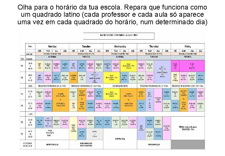 Olha para o horário da tua escola. Repara que funciona como um quadrado latino