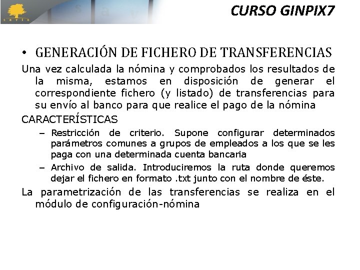 CURSO GINPIX 7 • GENERACIÓN DE FICHERO DE TRANSFERENCIAS Una vez calculada la nómina CURSO GINPIX 7 • GENERACIÓN DE FICHERO DE TRANSFERENCIAS Una vez calculada la nómina