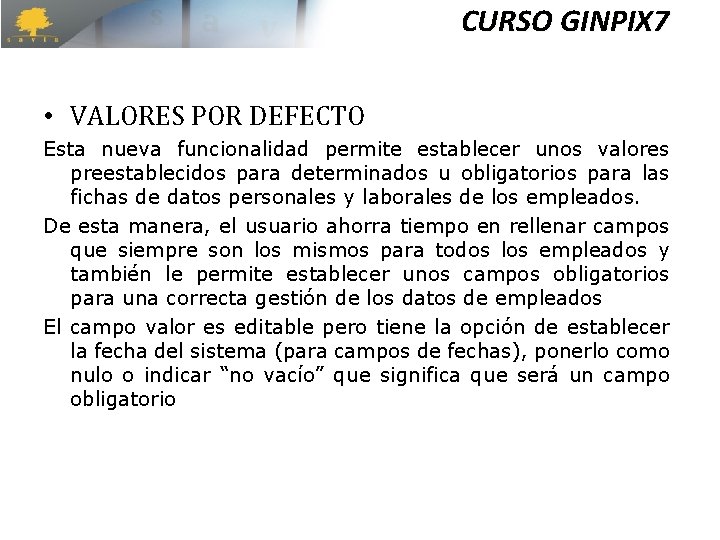 CURSO GINPIX 7 • VALORES POR DEFECTO Esta nueva funcionalidad permite establecer unos valores CURSO GINPIX 7 • VALORES POR DEFECTO Esta nueva funcionalidad permite establecer unos valores