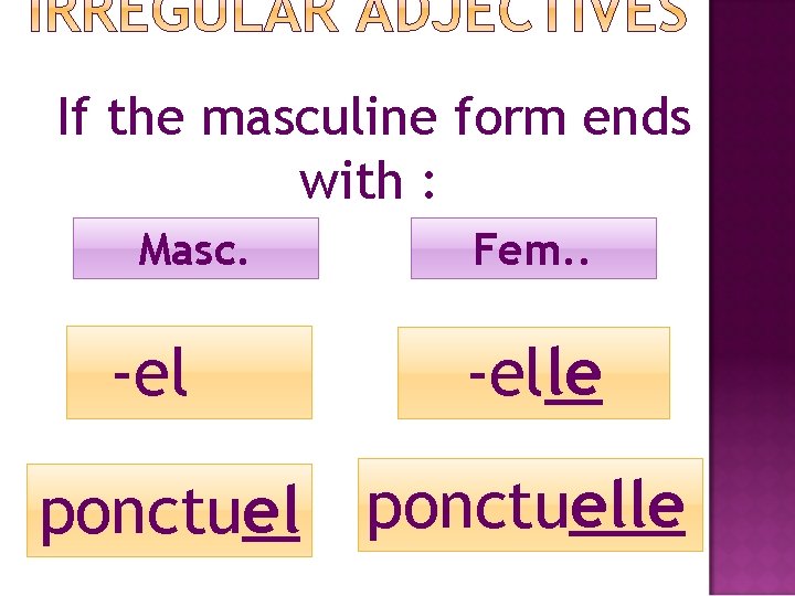 If the masculine form ends with : Masc. -el Fem. . -elle ponctuelle 