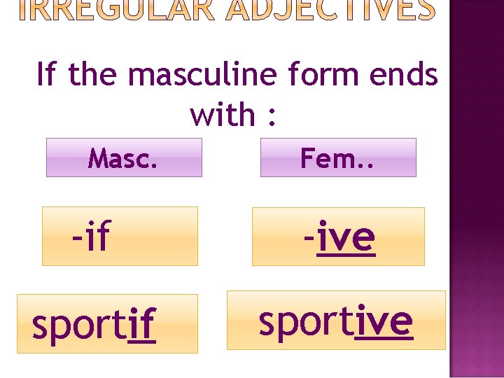 If the masculine form ends with : Masc. Fem. . -if -ive sportif sportive