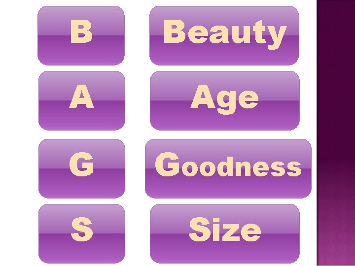 B Beauty A Age G Goodness S Size 