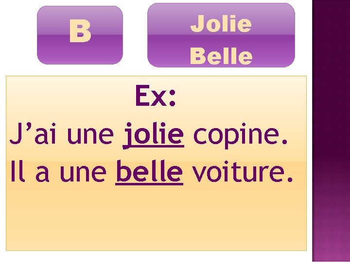 B Jolie Belle Ex: J’ai une jolie copine. Il a une belle voiture. 