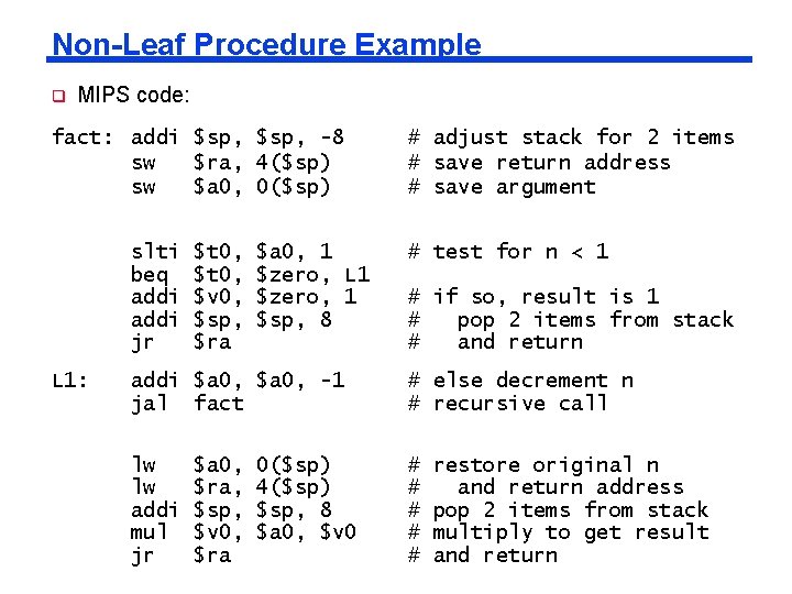 Non-Leaf Procedure Example q MIPS code: fact: addi $sp, -8 sw $ra, 4($sp) sw