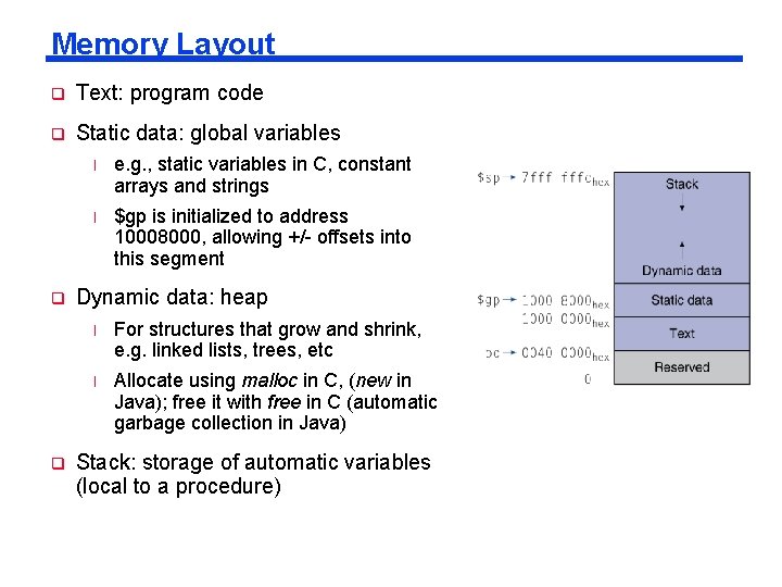 Memory Layout q Text: program code q Static data: global variables q q l