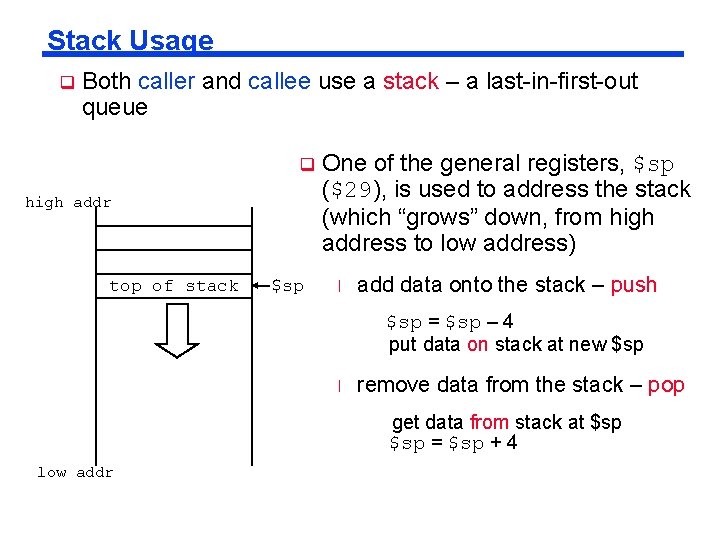 Stack Usage q Both caller and callee use a stack – a last-in-first-out queue